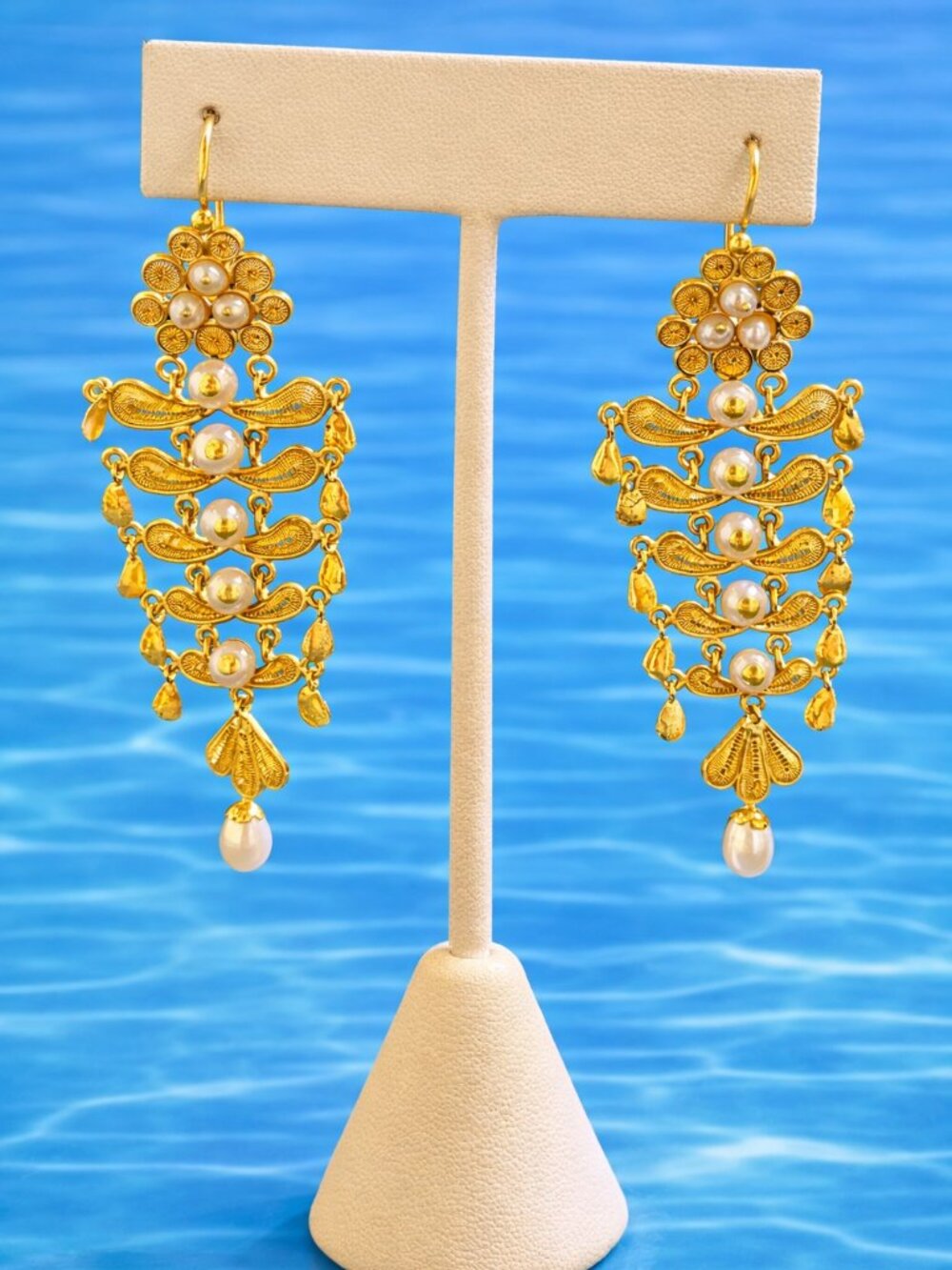 18K Gold Filigree Chandelier Earrings with Pearls